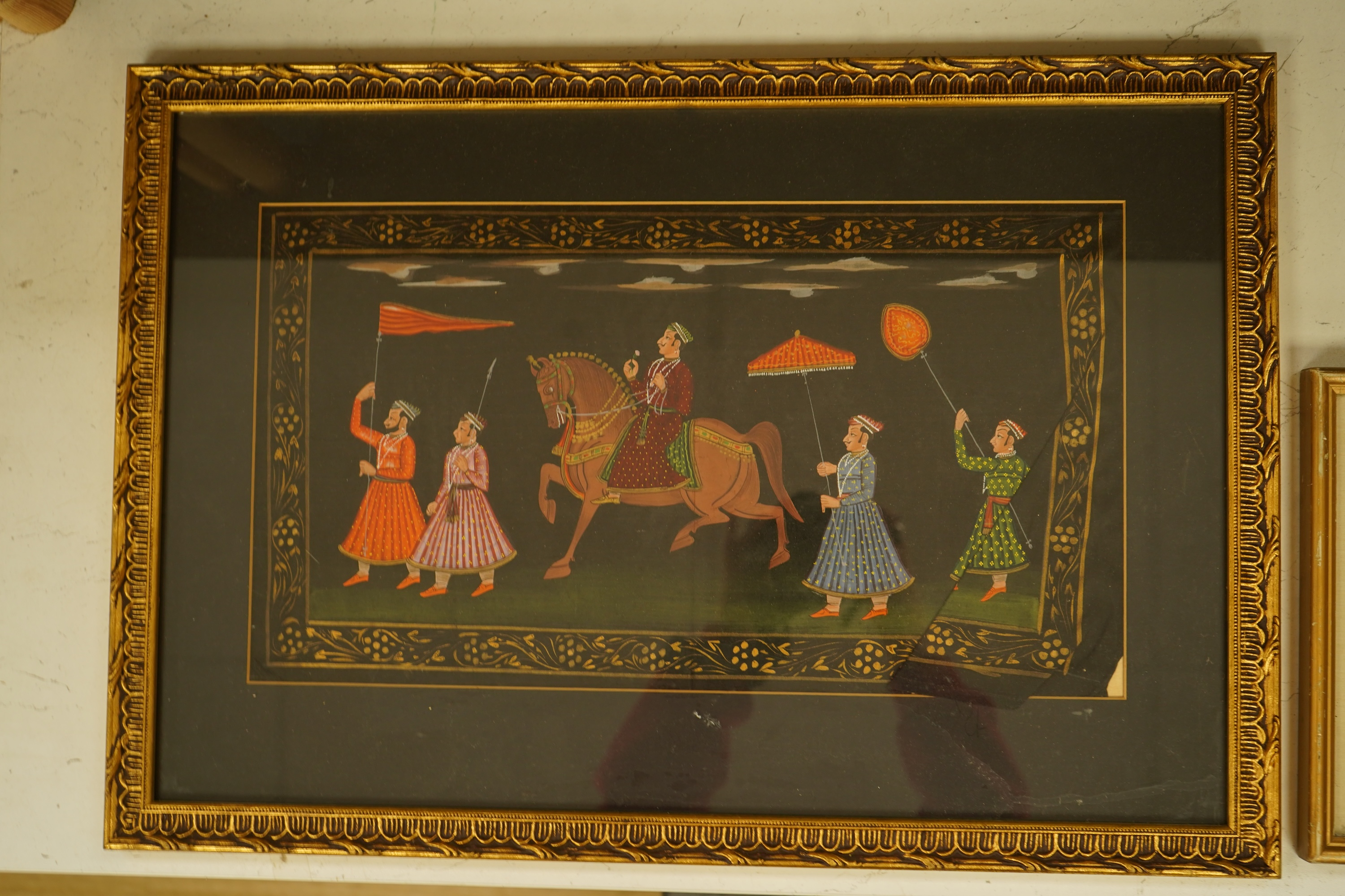 Indian Mughal style, Procession of figures, watercolour on fabric and a similar smaller work with calligraphy, largest 24 x 43cm